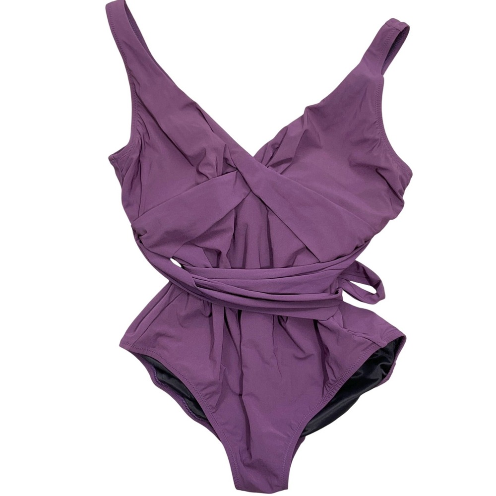 Lands' End One Piece Women 14 Purple Wrap Twist Swimsuit Tummy Control Pad Beach